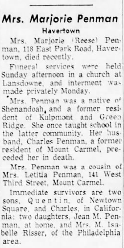 Marjorie Penman dies